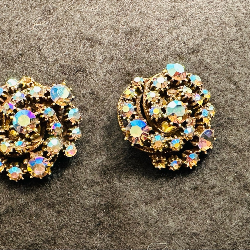 Elegant Gold and Blue Crystal Floral Clip Earrings
